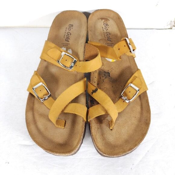 Bio Gold Women's US 9 Yellow Leather Toe Ring Slip On Low Wedge Sandals ITALY - Picture 3 of 16